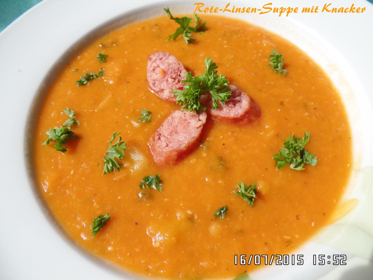 Rote -Linsen-Suppe mit Knacker - Rezept Eingereicht von Sheeva1960