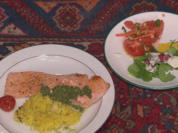 Lachs mit Minzsoße, Wildreis, Tomaten mit Walnussvinaigrette, gefüllte Champignons - Rezept - Bild Nr. 415