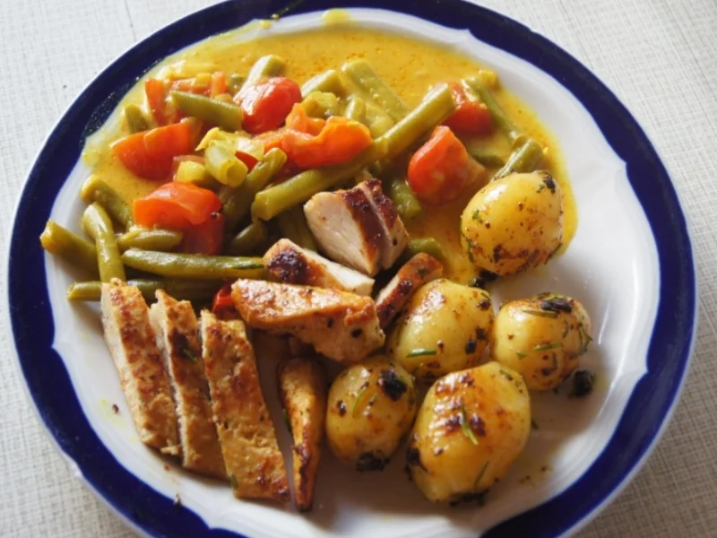 Hähnchenbrustfilet mit Curry-Tomaten-Bohnen Gemüse und angebratenen Rosmarin-Drillingen - Rezept - Bild Nr. 550