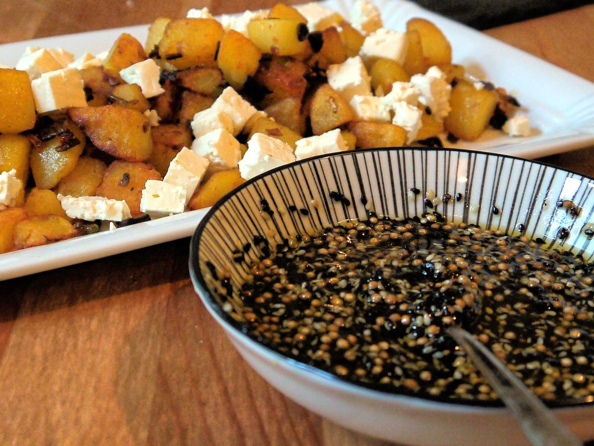 Kartoffelpfanne mit Feta und Ahornsirup Gewürzsoße - einfach - 59 kcal/100g