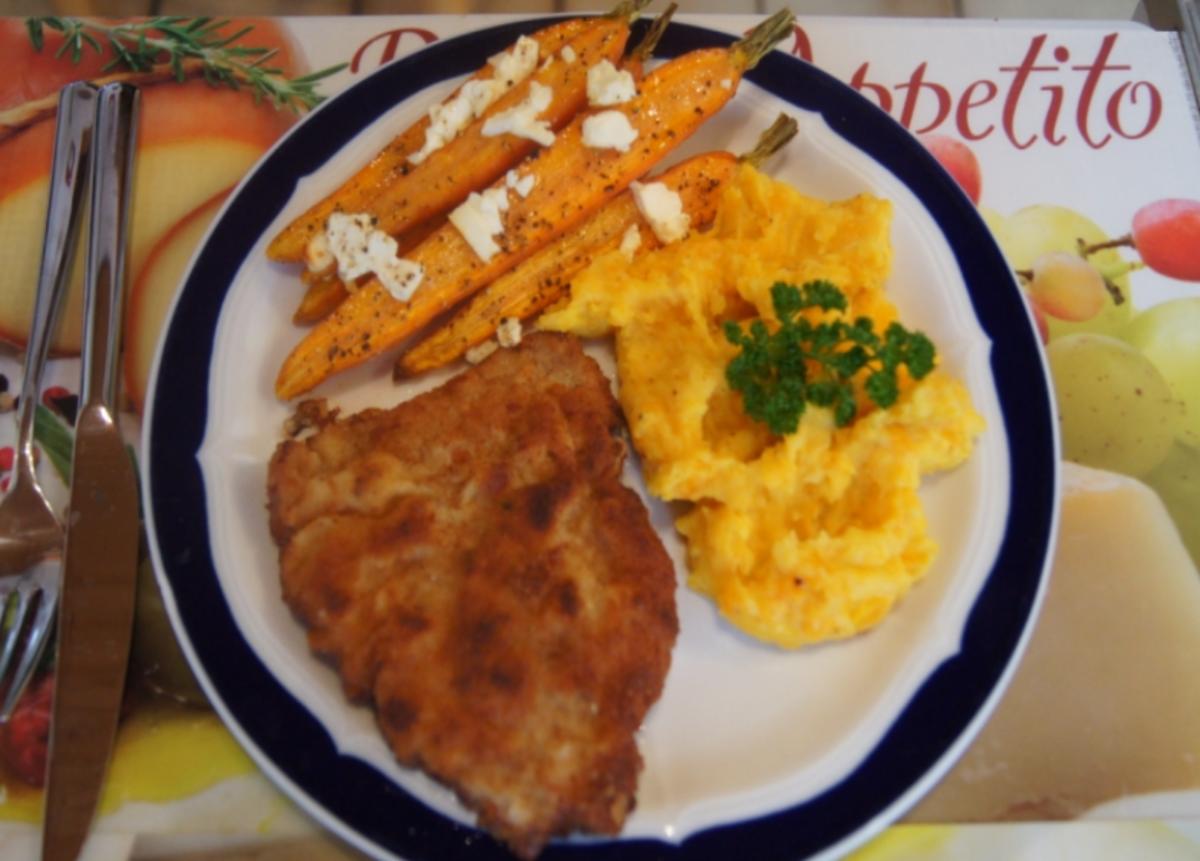 Kalbsschnitzel mit Karotten-Kartoffelstampf und Backofenkarotten - Rezept - Bild Nr. 1682