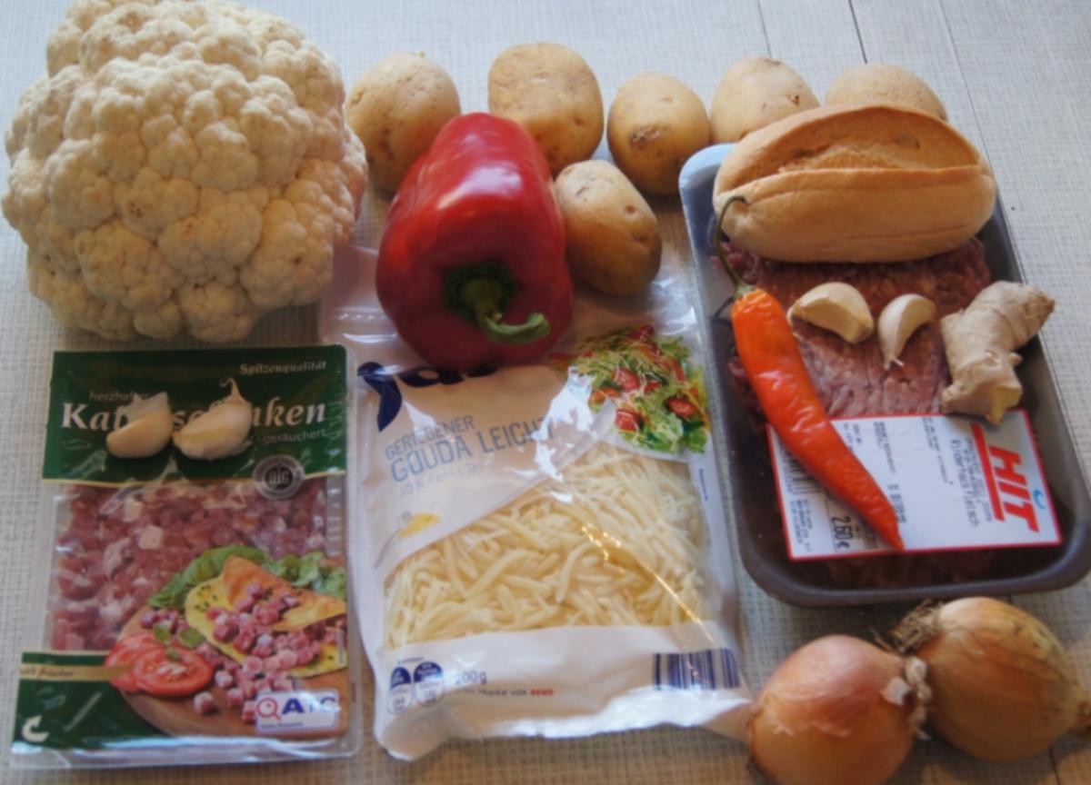 Paprikabuletten mit Sauce, Blumemkohlgratin und Kartoffelpilzen - Rezept - Bild Nr. 1720