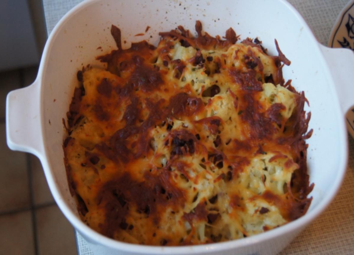 Paprikabuletten mit Sauce, Blumemkohlgratin und Kartoffelpilzen - Rezept - Bild Nr. 1731