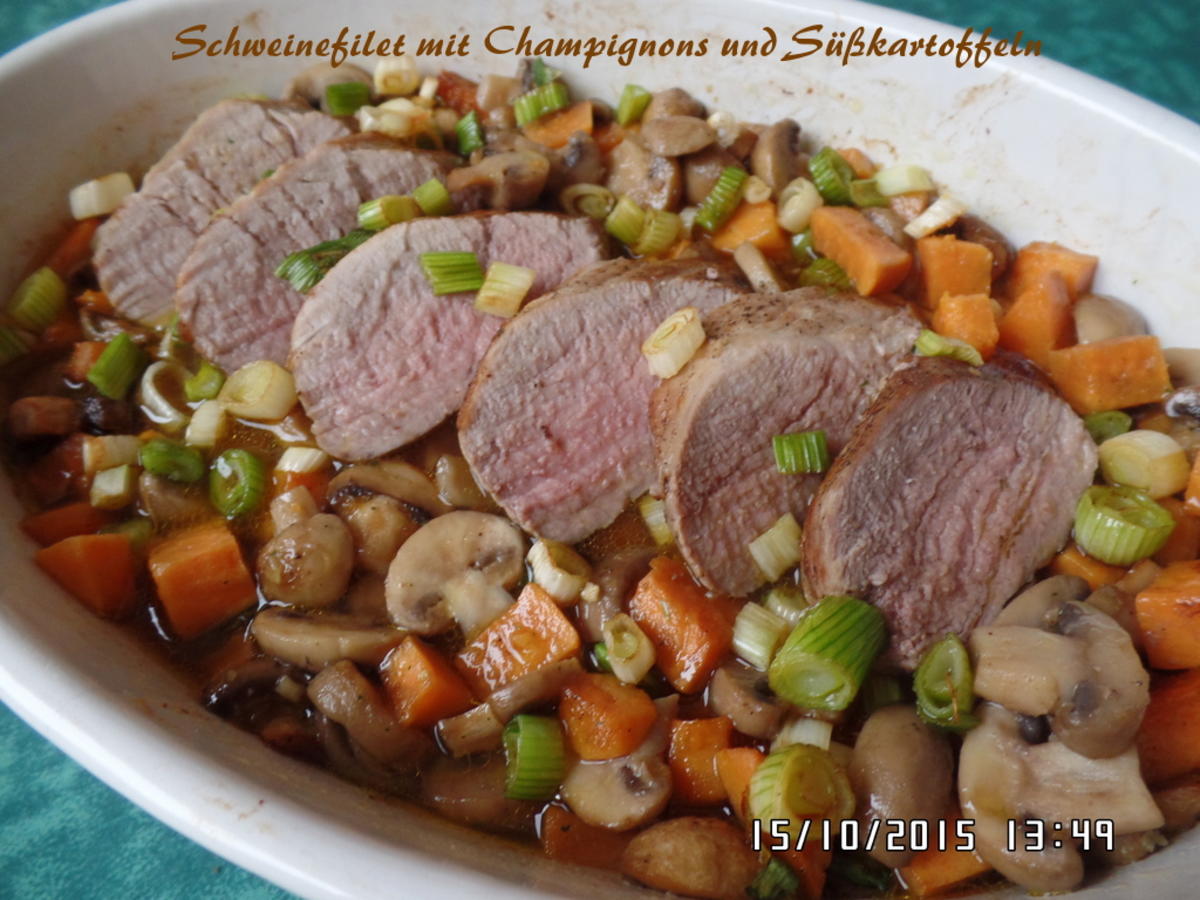Schweinefilet mit Champignons und Süßkartoffeln - Rezept - kochbar.de