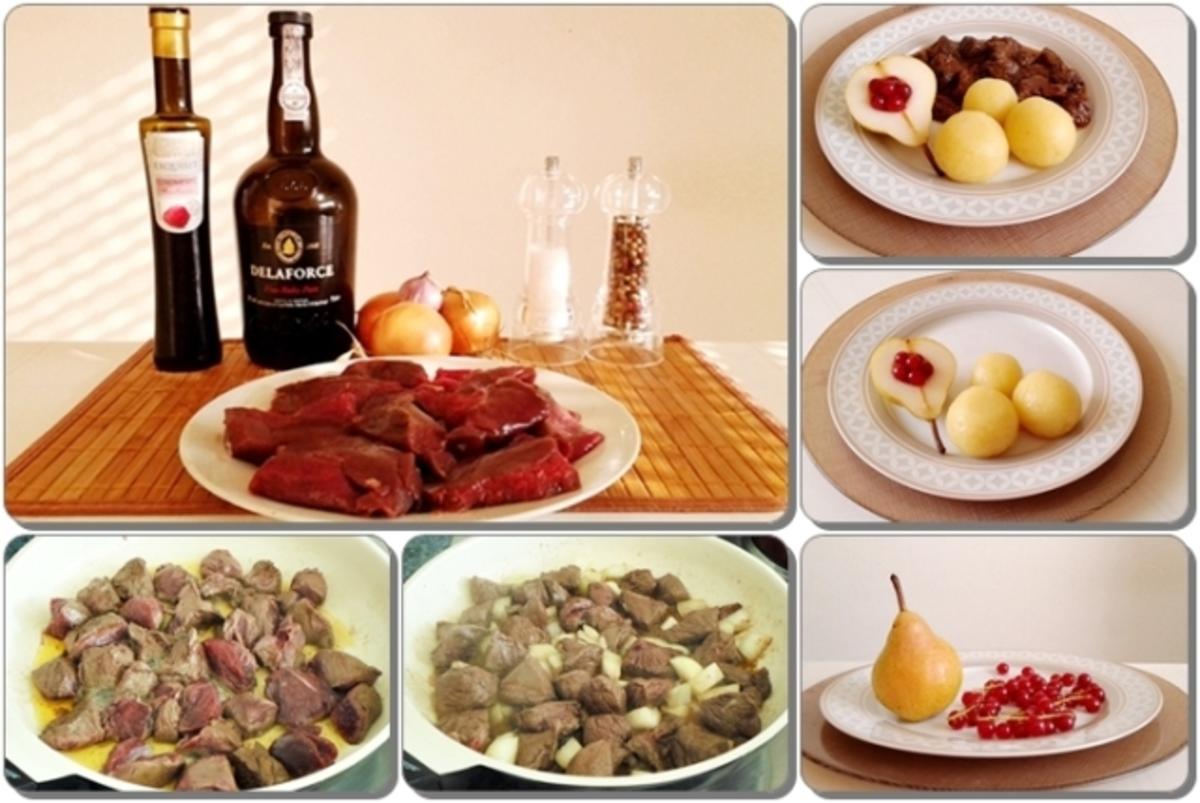 Hirschedelgulasch, Kartoffelklößen und gefüllter Birne - Rezept - Bild Nr. 2327
