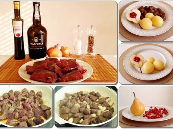 Hirschedelgulasch, Kartoffelklößen und gefüllter Birne - Rezept - Bild Nr. 2327