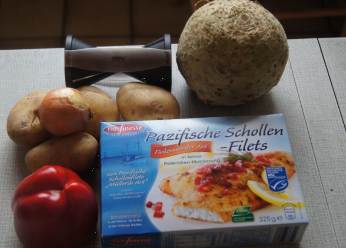 Schollenfilet mit Sellerienudeln und Paprika-Kartoffelstampf - Rezept - Bild Nr. 2396