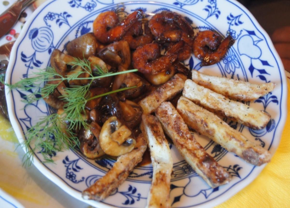 Crevetten mit Champignons und Selleriepommes - Rezept - Bild Nr. 2772
