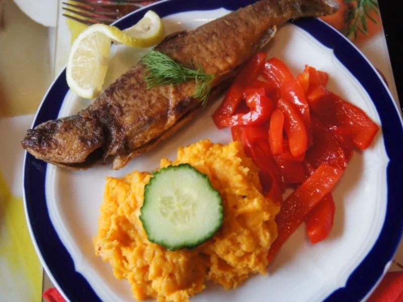 Bachforelle mit Süßkartoffelpüree und Paprika eingelegt nach Mutti Cz - Rezept - Bild Nr. 2921