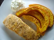 Gebratener Lachs mit Backofenkürbis und Meerettichdipp - Rezept - Bild Nr. 3002