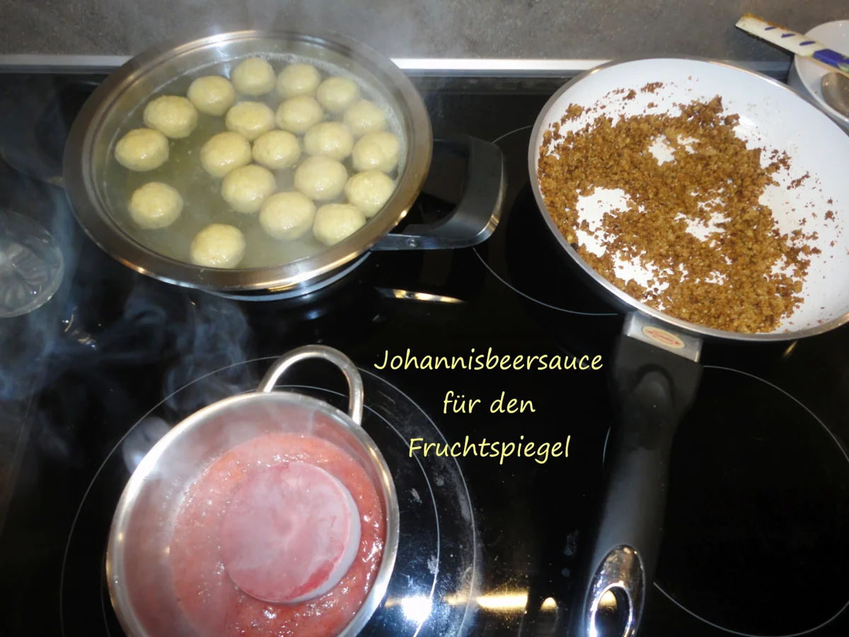 Vegane " Topfen " Knödel in Nußbrösel auf Fruchtspiegel - Rezept - Bild Nr. 3538