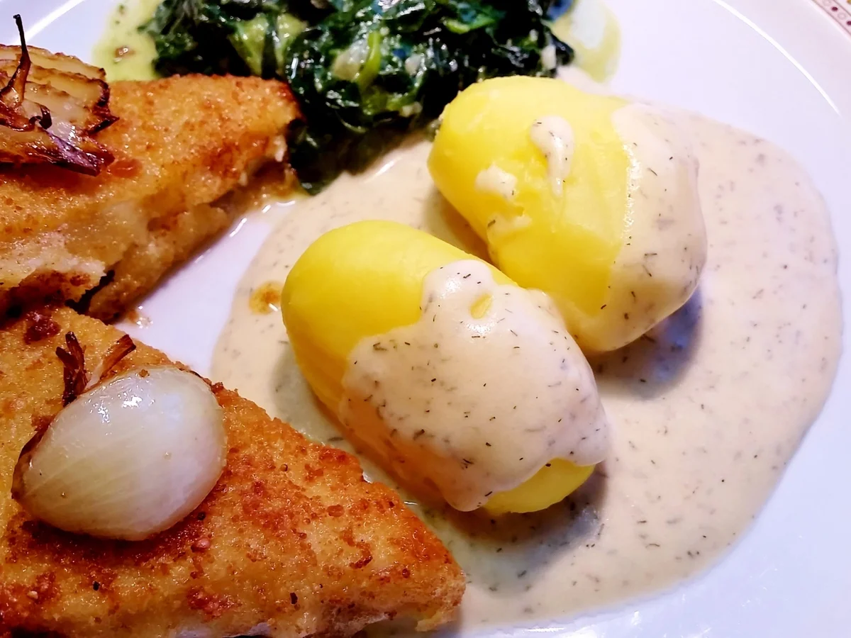 Rezept: Dill-Rahmsoße zu gebratenem Fisch und Blattspinat Bild Nr. 3539 Dill-Rahmsoße zu gebratenem Fisch und Blattspinat - Rezept - Bild Nr. 3539