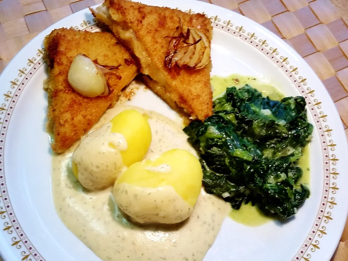 Rezept: Dill-Rahmsoße zu gebratenem Fisch und Blattspinat Bild Nr. 3532 Dill-Rahmsoße zu gebratenem Fisch und Blattspinat - Rezept - Bild Nr. 3532