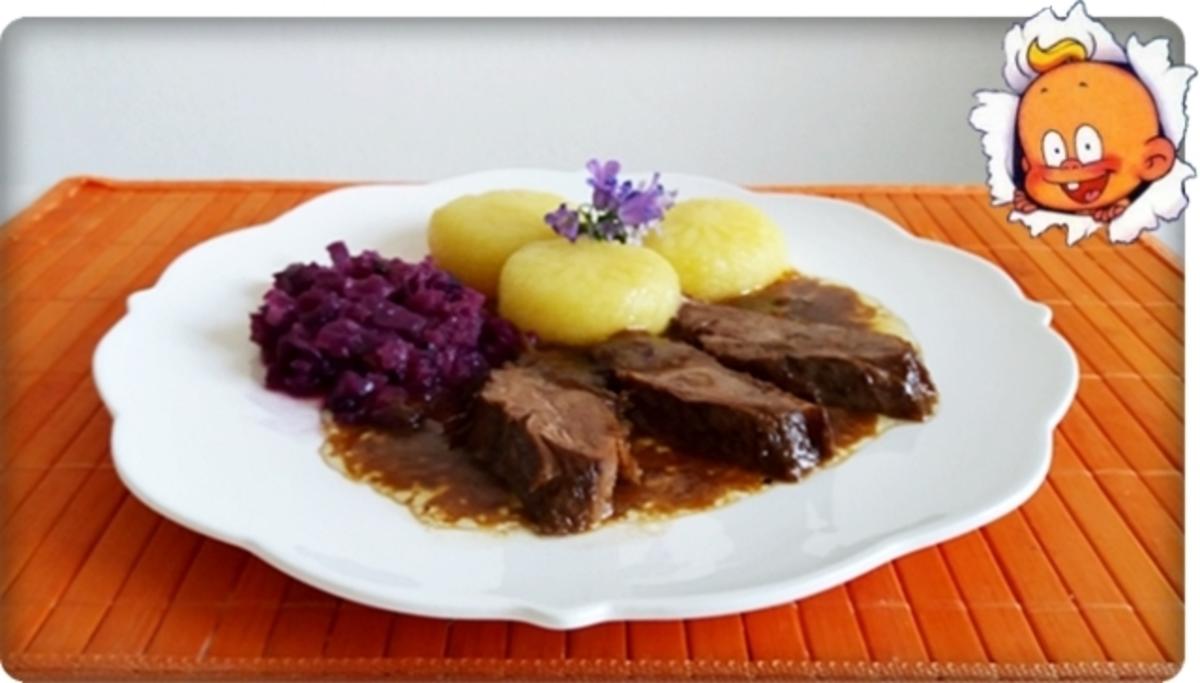 Barbarie Entenbrustfilet nappiert  mit  Porto Armilar-Soße, Rotkohl & „Muster“ Klöß - Rezept - Bild Nr. 3625