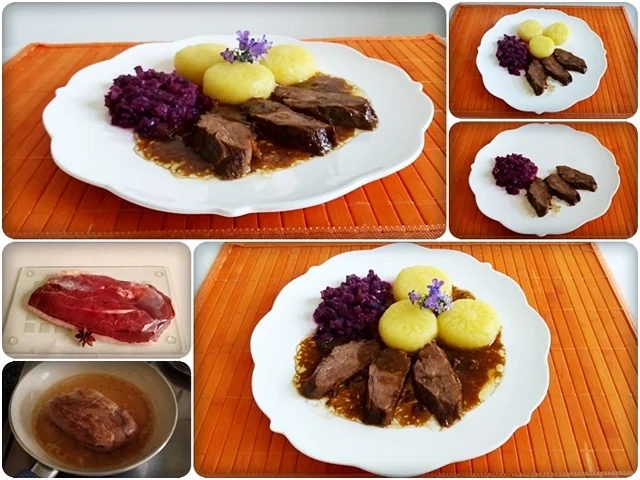 Barbarie Entenbrustfilet nappiert  mit  Porto Armilar-Soße, Rotkohl & „Muster“ Klöß - Rezept - Bild Nr. 3645