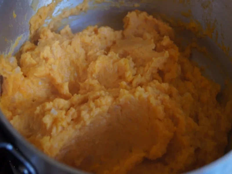 Gebackene Fischsticks mit Süßkartoffelstampf und Rotkohl - Rezept - Bild Nr. 4242