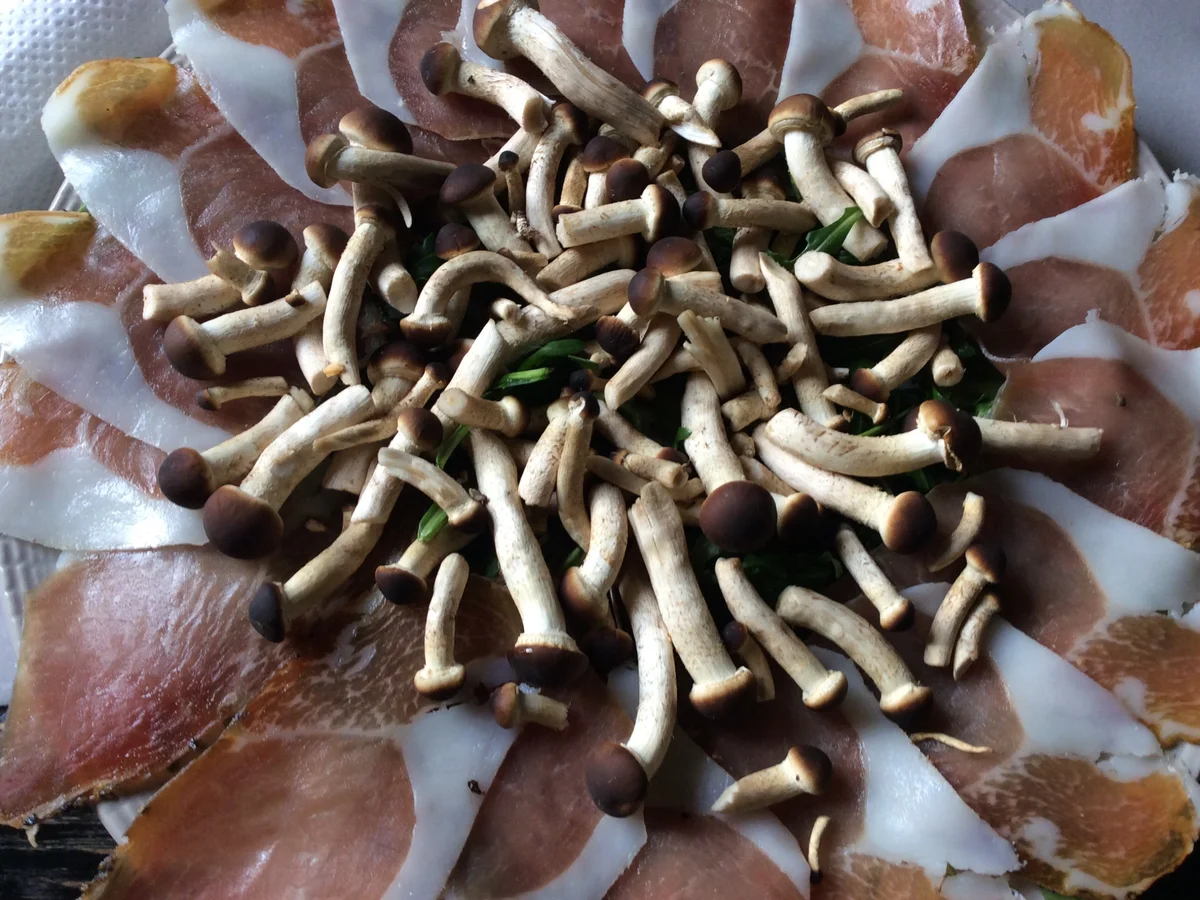 Carpaccio vom Südtiroler Speck mit Pioppino (Samthauben) u. Fratello - Rezept - Bild Nr. 4290