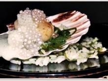 Gebratene Jakobsmuscheln auf Reis-Wakame-Algensalat , Schaumsauce  &  „Perlen“ - Rezept - Bild Nr. 4431