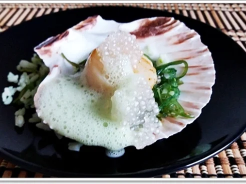 Rezept: Gebratene Jakobsmuscheln auf Reis-Wakame-Algensalat , Schaumsauce & „Perlen“ Bild Nr. 4445 Gebratene Jakobsmuscheln auf Reis-Wakame-Algensalat , Schaumsauce & „Perlen“ - Rezept - Bild Nr. 4445