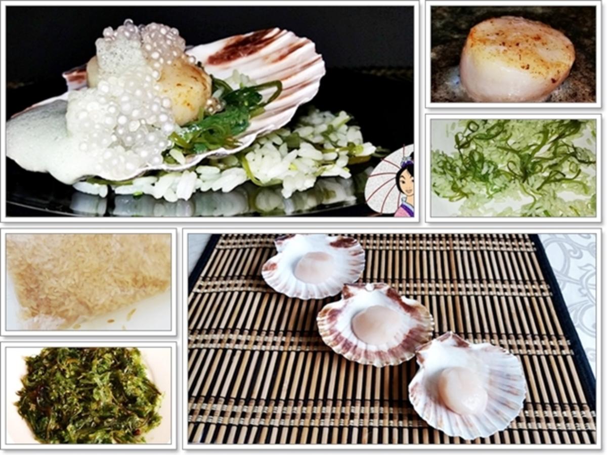 Gebratene Jakobsmuscheln auf Reis-Wakame-Algensalat , Schaumsauce  &  „Perlen“ - Rezept - Bild Nr. 4448