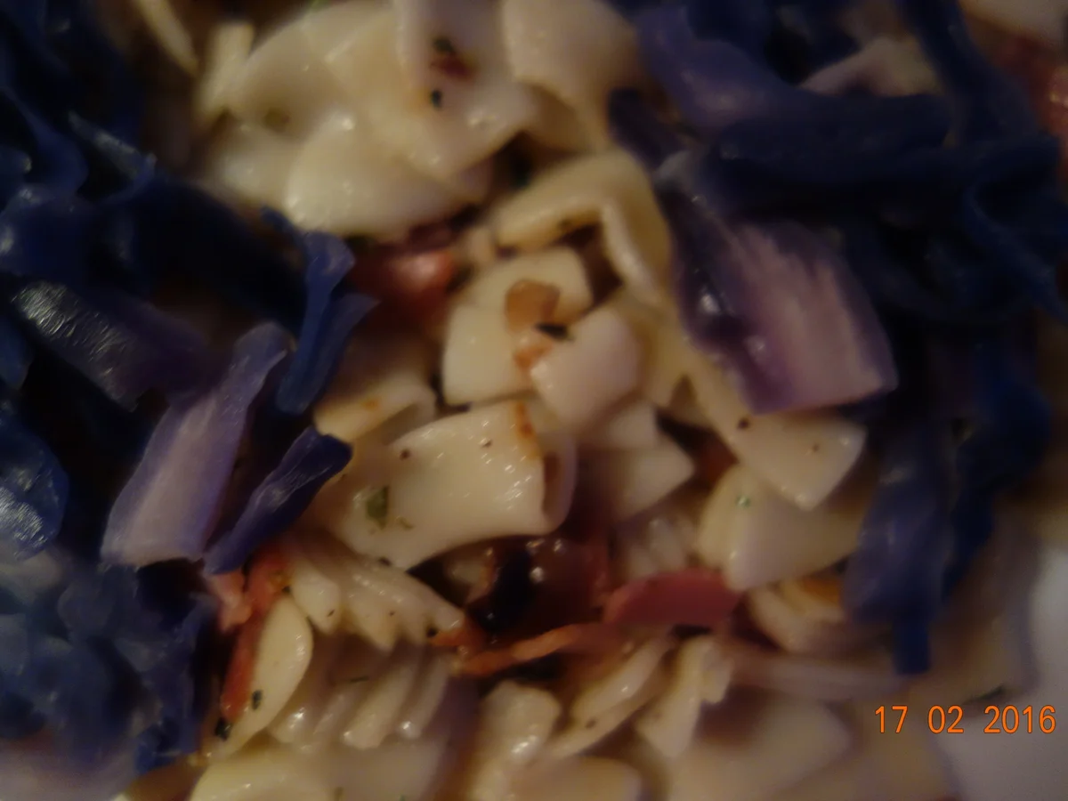 Schinkenfleckerln mit Blaukraut-Garnitur; - Rezept - Bild Nr. 4663