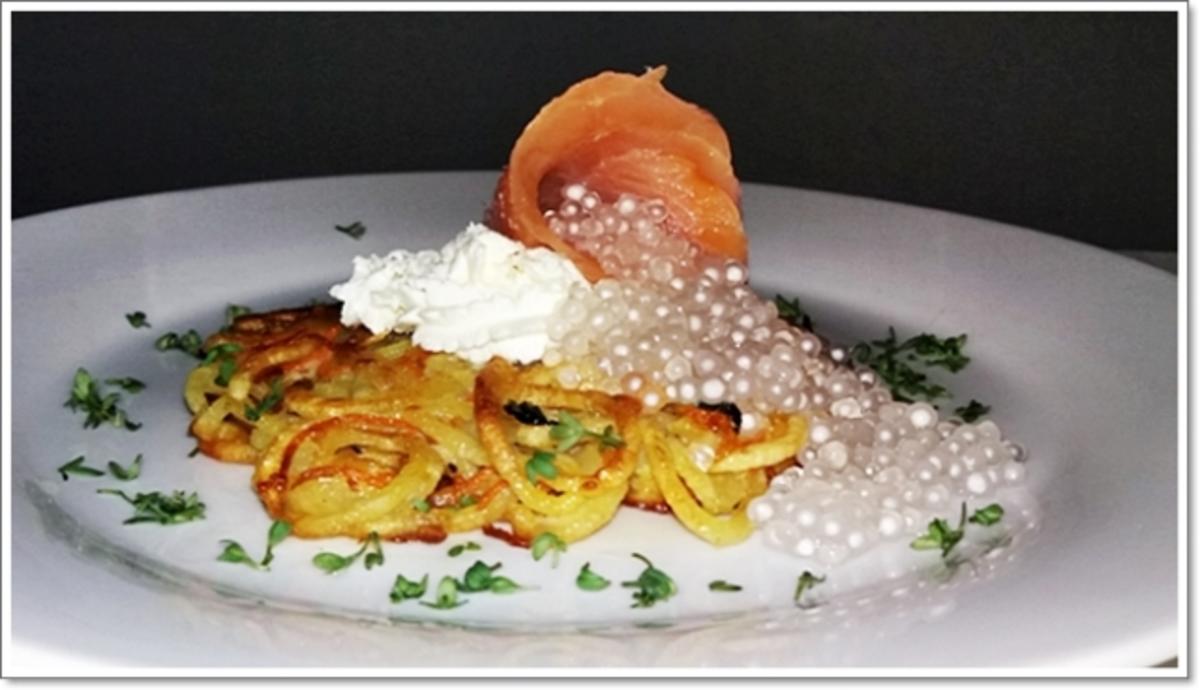 „Spagetti“ Rösti  mit Mascarpone, Lachs & Topioka Perlen - Rezept - Bild Nr. 4883