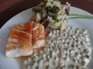 Kabeljau mit Meerrettich -Erbsen-Rahm und Pilzstampf - Rezept