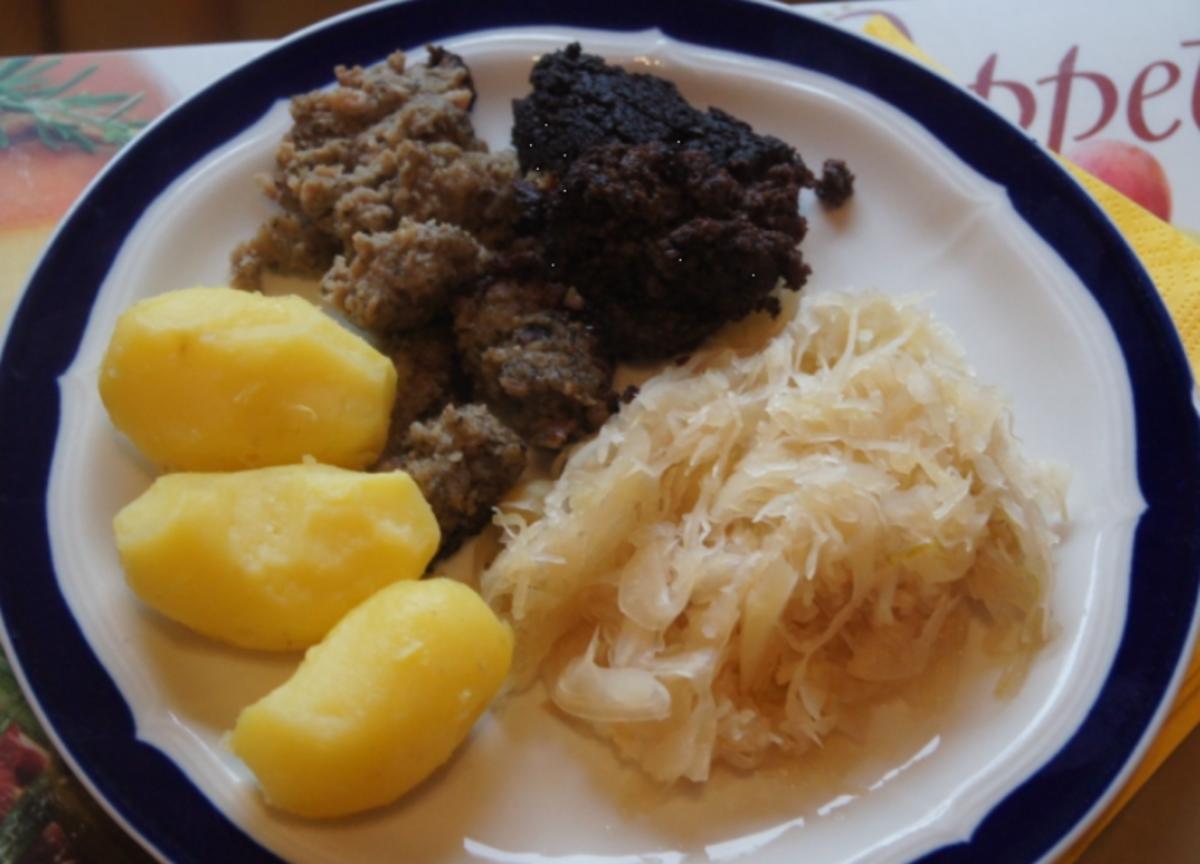 Wellwurst mit Kartoffeln und Sauerkraut - Rezept