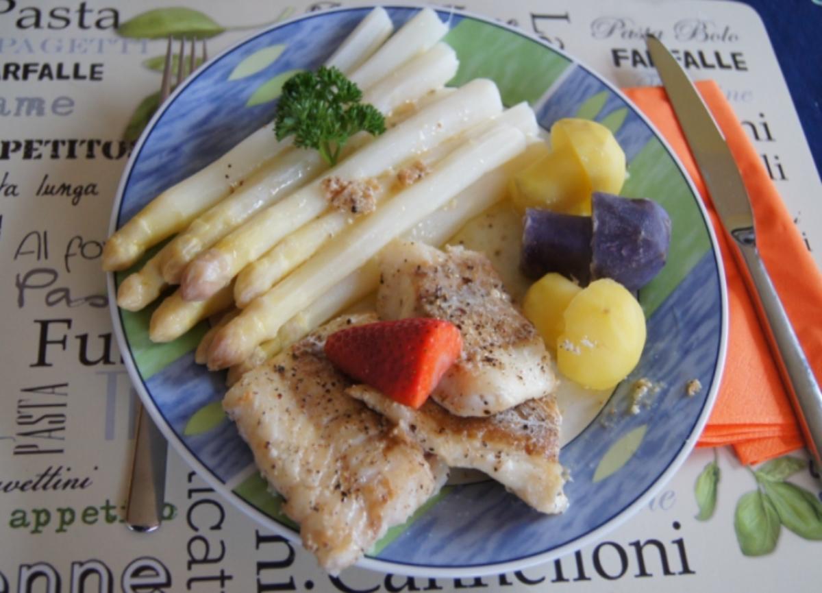 Kabeljaufilet mit Spargel und Kartoffelpilzen - Rezept - Bild Nr. 9