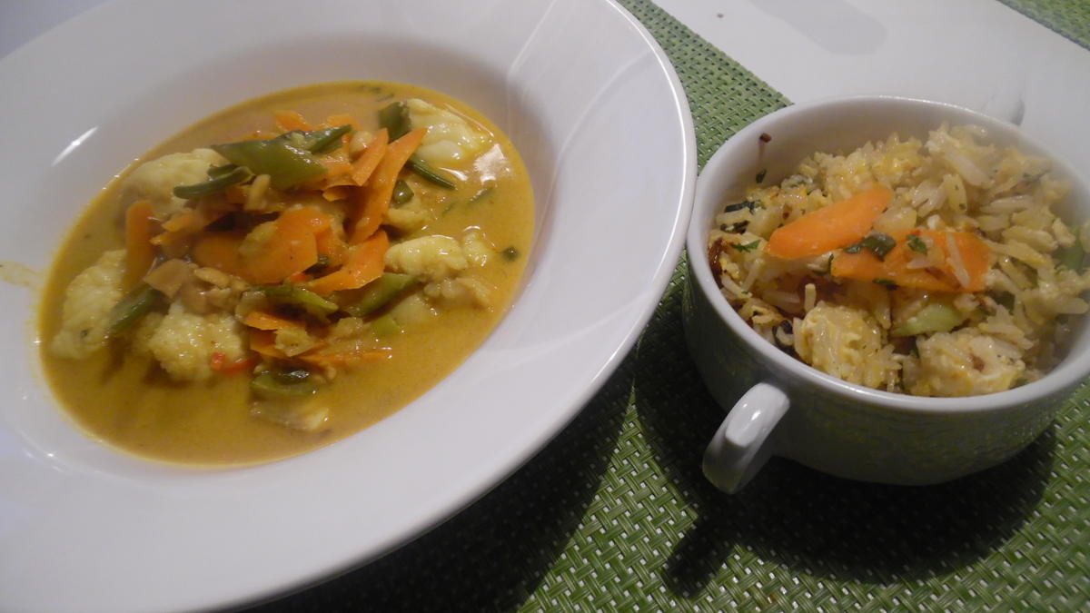 Scharfes Fisch-Curry mit gebratenem Eier-Reis - Rezept