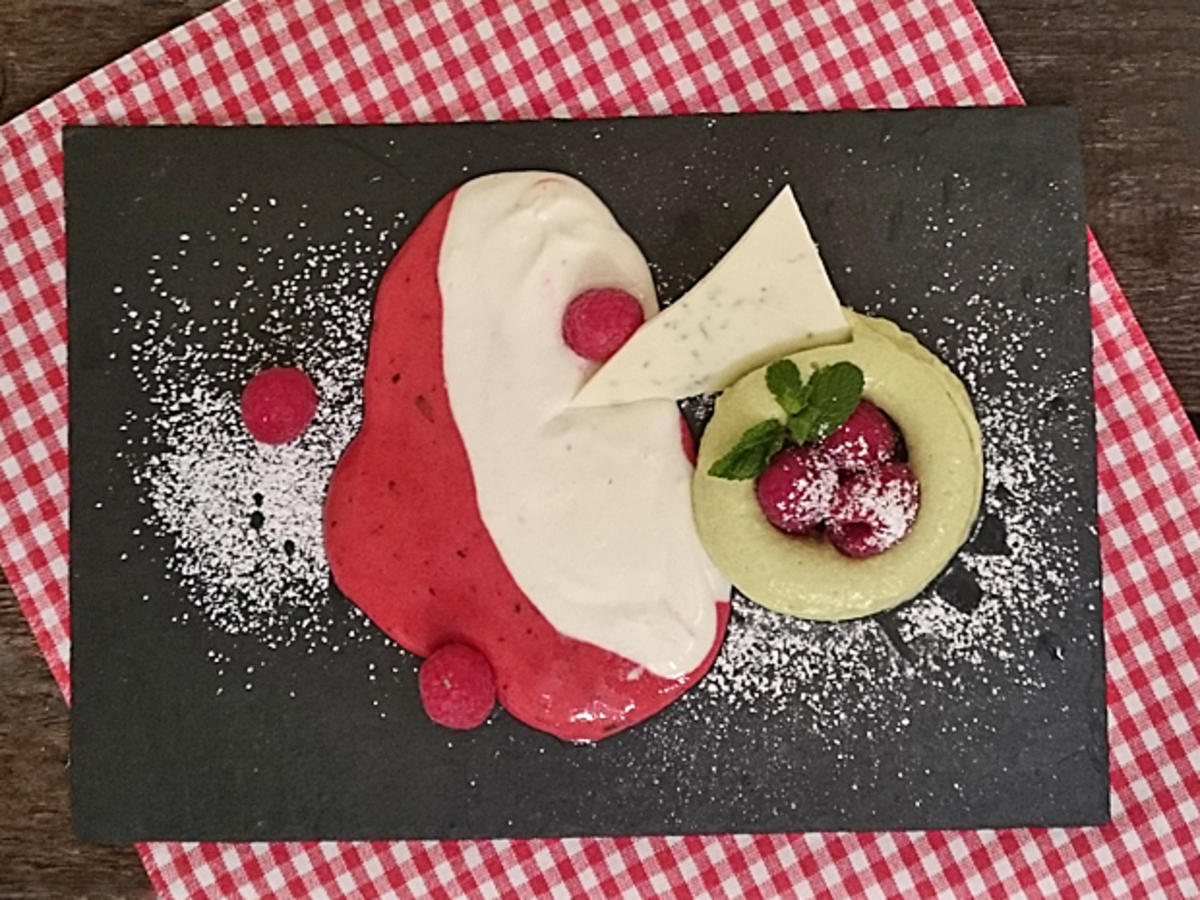 Avocado Limetten Mousse mit Joghurt Minze Schaum und Himbeeren - Rezept ...