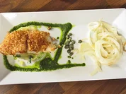 Fischfilet mit Mandel Butter Parmesan Kruste auf Kartoffelstampf mit Fenchelgemüse - Rezept