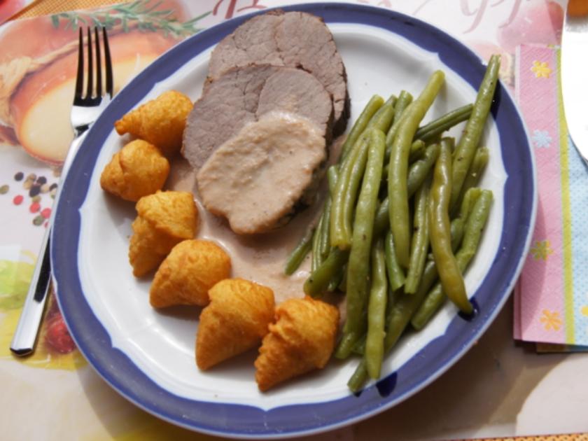 Rinderbraten im Römertopf mit grünen Bohnen und Knusper-Kroketten ...