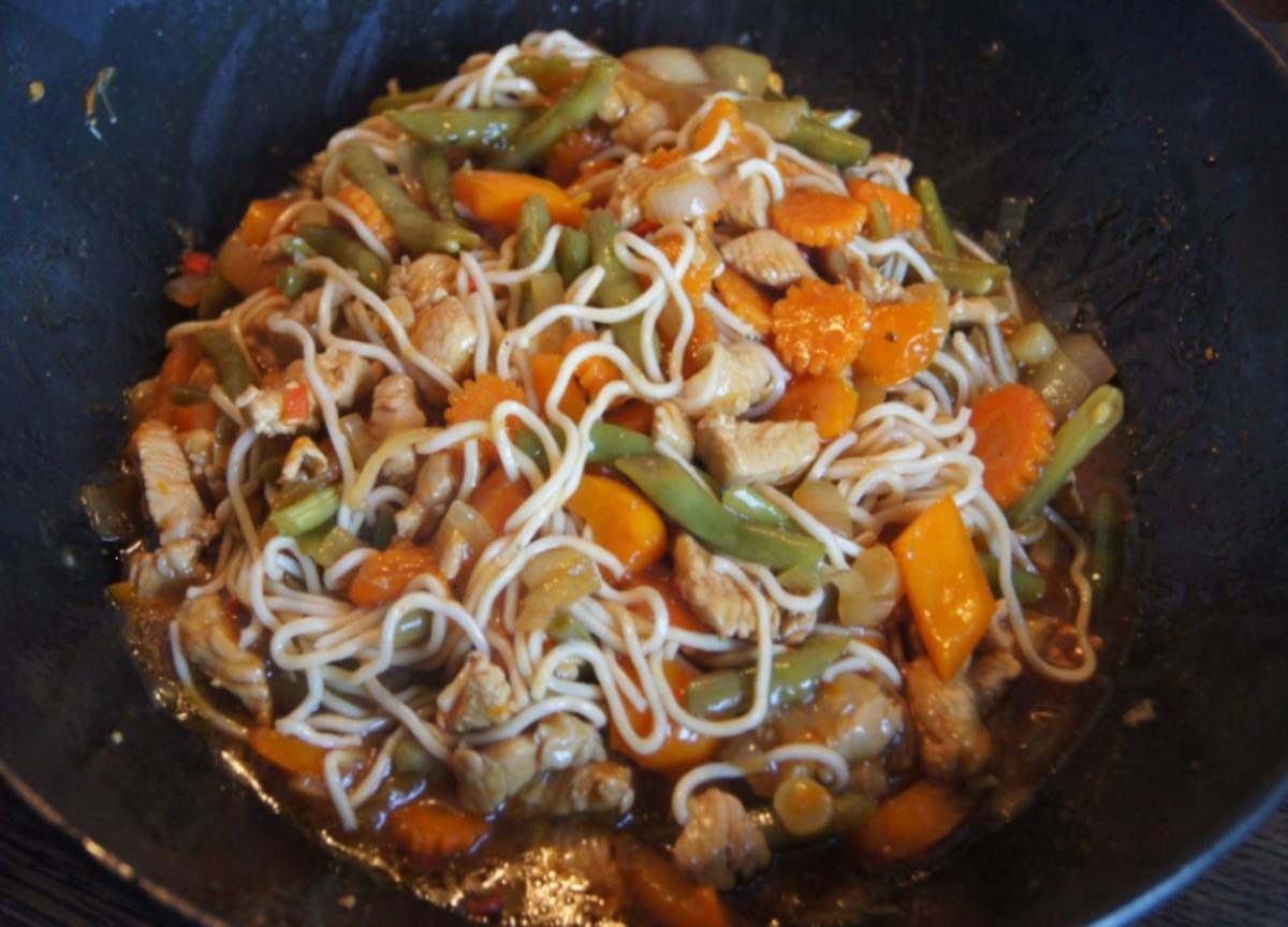 Putenschnitzel mit Gemüse und Nudeln im Wok - Rezept