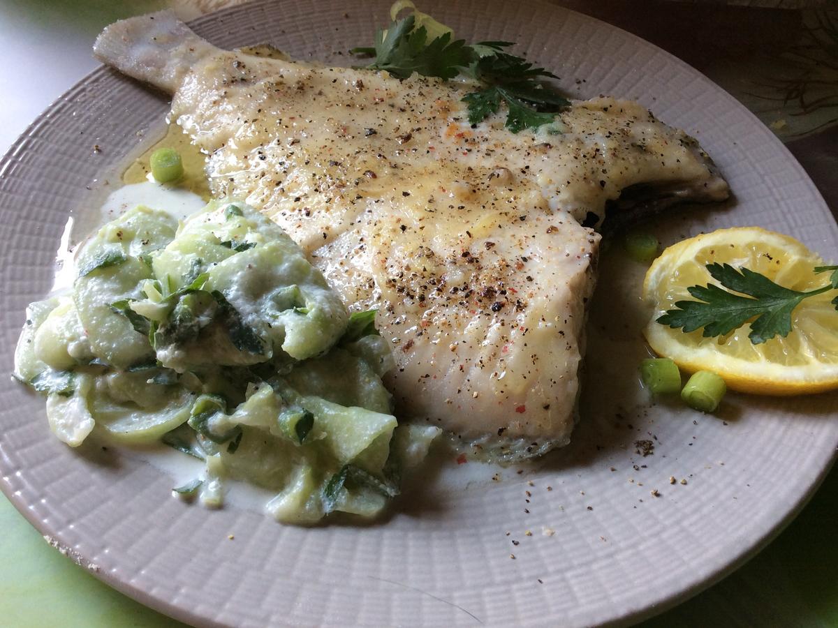 Gebratene Scholle mit Gurkensalat - einfach - 32 kcal/100g
