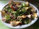 Gemischter grüner Salat mit Apfel, Schweinebraten und  Apfel-Orangen-Dressing - Rezept
