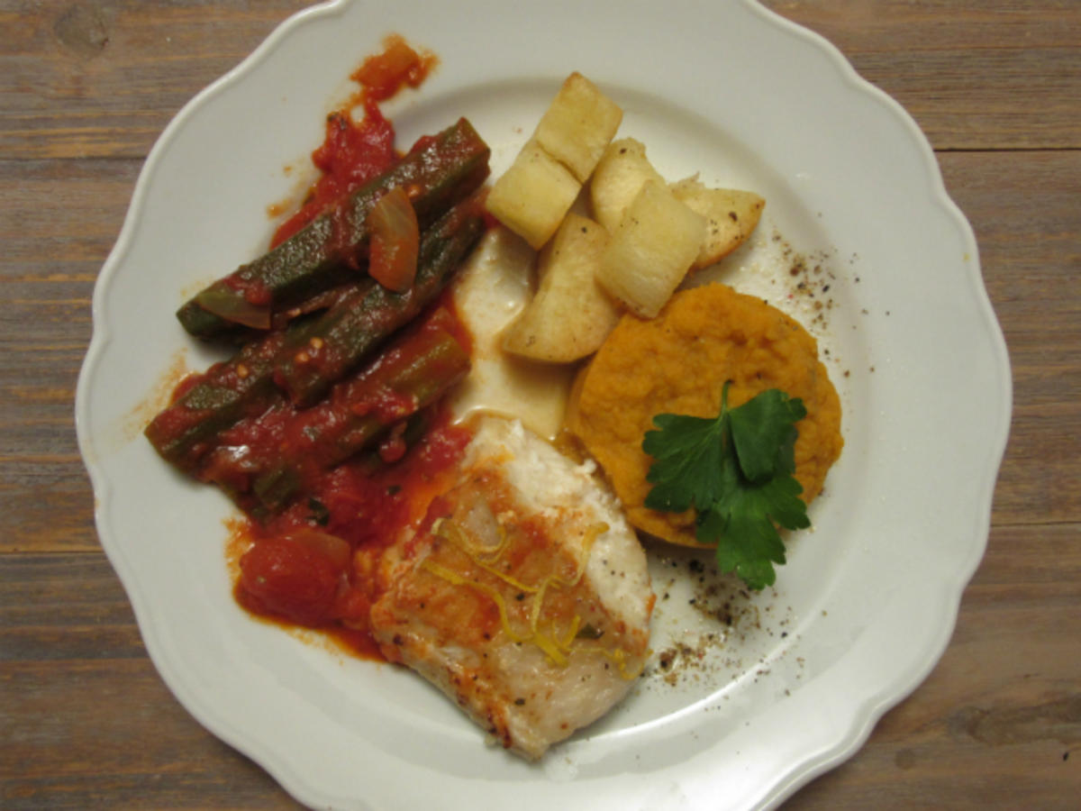 Fischfilet an Okrasoße mit Cassave (Maniok) und Süßkartoffeln - Rezept ...