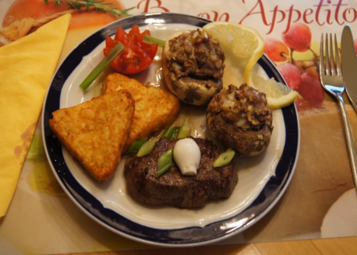 Rinderfilet mit gefüllten Champignons und Knusper-Rösti-Ecken - Rezept ...