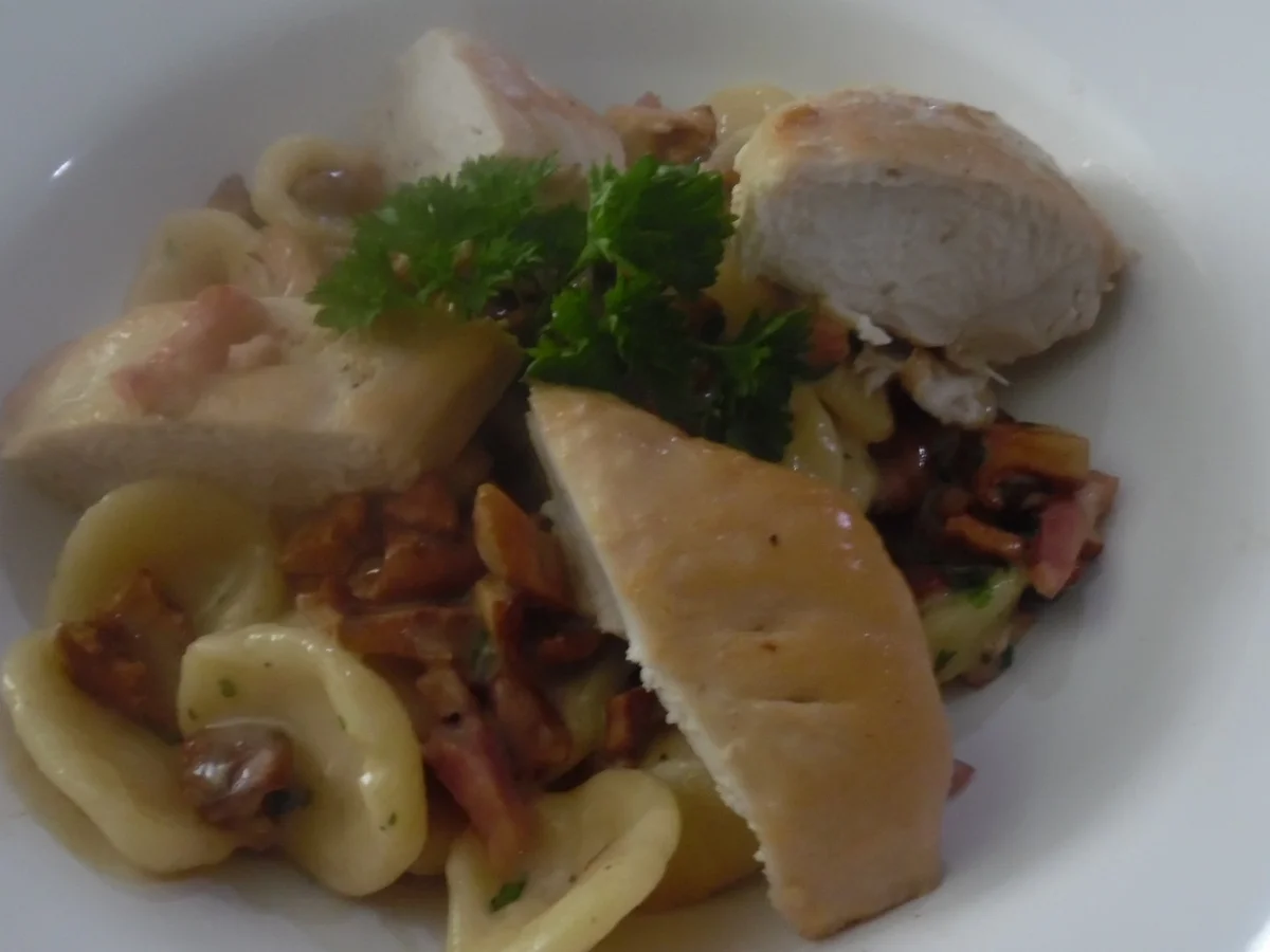 Rezept: Orecchiette mit Rahm-Pfifferlingen und Hähnchenbrustfilet Orecchiette mit Rahm-Pfifferlingen und Hähnchenbrustfilet - Rezept