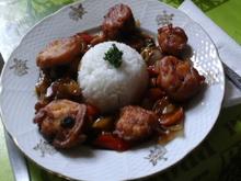 Hähnchenbrustfiletwürfel im Bierteig mit gemischten Gemüse und Reis - Rezept