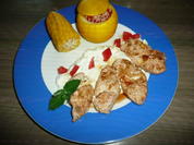 Gefüllte Zucchini,  an Zuckermais, Minz -Dipp und Putenstreifen. - Rezept - Bild Nr. 100