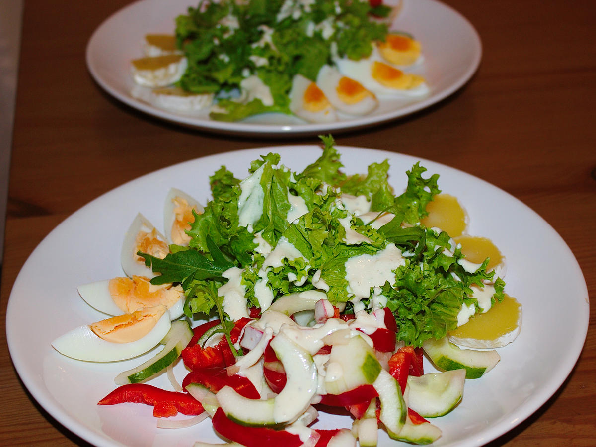 Salatteller mit Quäse, Ei &amp; Joghurtdressing - Rezept - kochbar.de