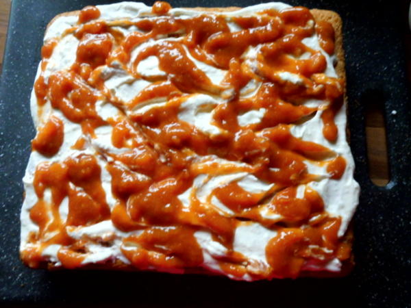 Aprikosenkuchen mit Sahne-Schmandcreme und Aprikosenpüree