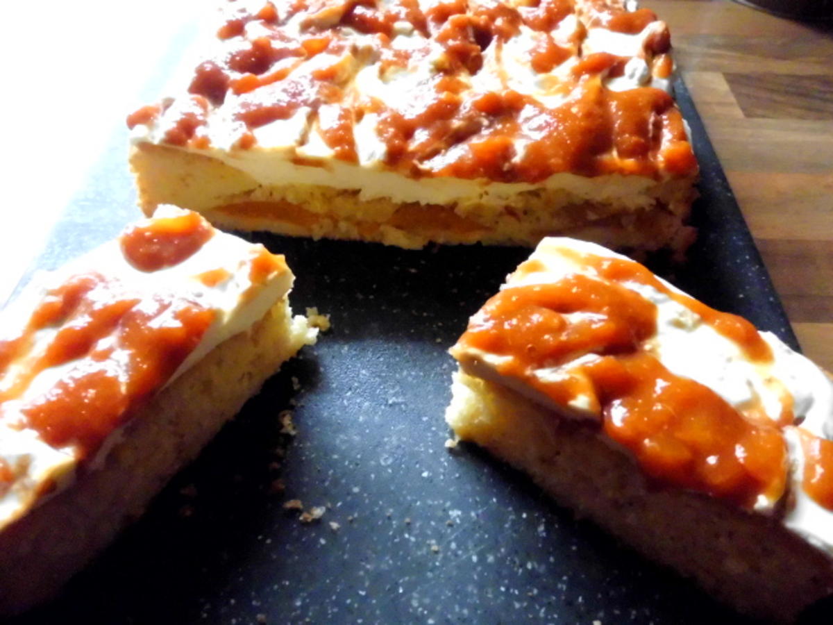 aprikosenkuchen mit sahne-schmandcreme und aprikosenpüree - Rezept mit ...