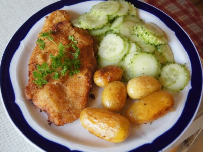 Wiener Schnitzel vom Schwein mit Mini-Rosmarinkartoffeln und Gurkensalat - Rezept - Bild Nr. 259