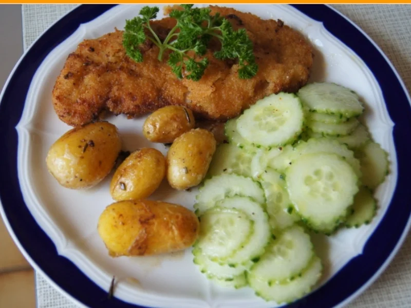 Wiener Schnitzel vom Schwein mit Mini-Rosmarinkartoffeln und Gurkensalat - Rezept - Bild Nr. 269