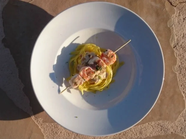 Gamba trifft Rape im Nudelnest - Rezept