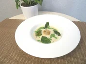Rezept: Petersilienwurzelsuppe mit Spinatschaum, frittiertem Spinat und Jakobsmuschel Petersilienwurzelsuppe mit Spinatschaum, frittiertem Spinat und Jakobsmuschel - Rezept