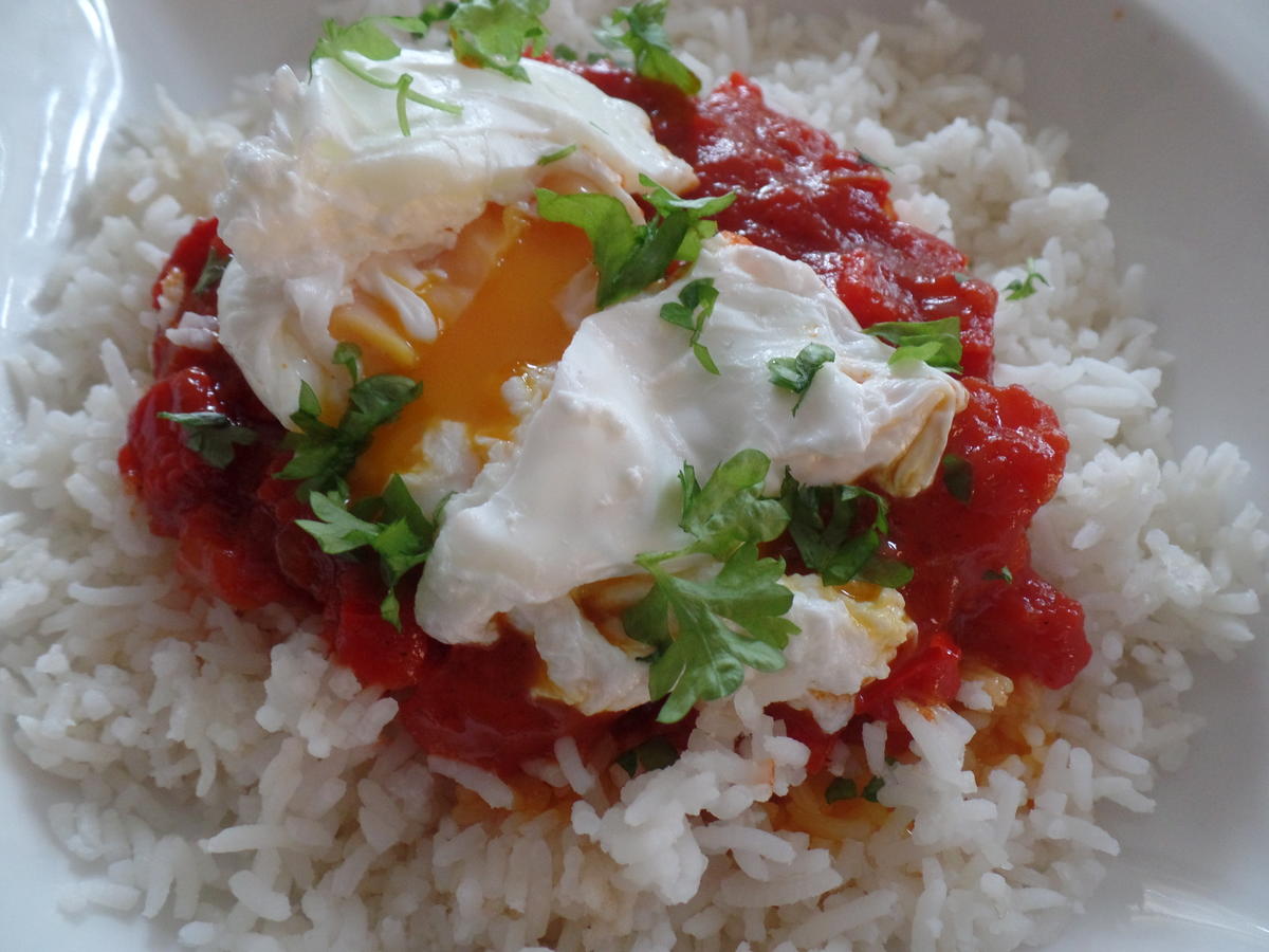 Reis mit Tomatensauce und pochiertem Ei - Rezept - Bild Nr. 490