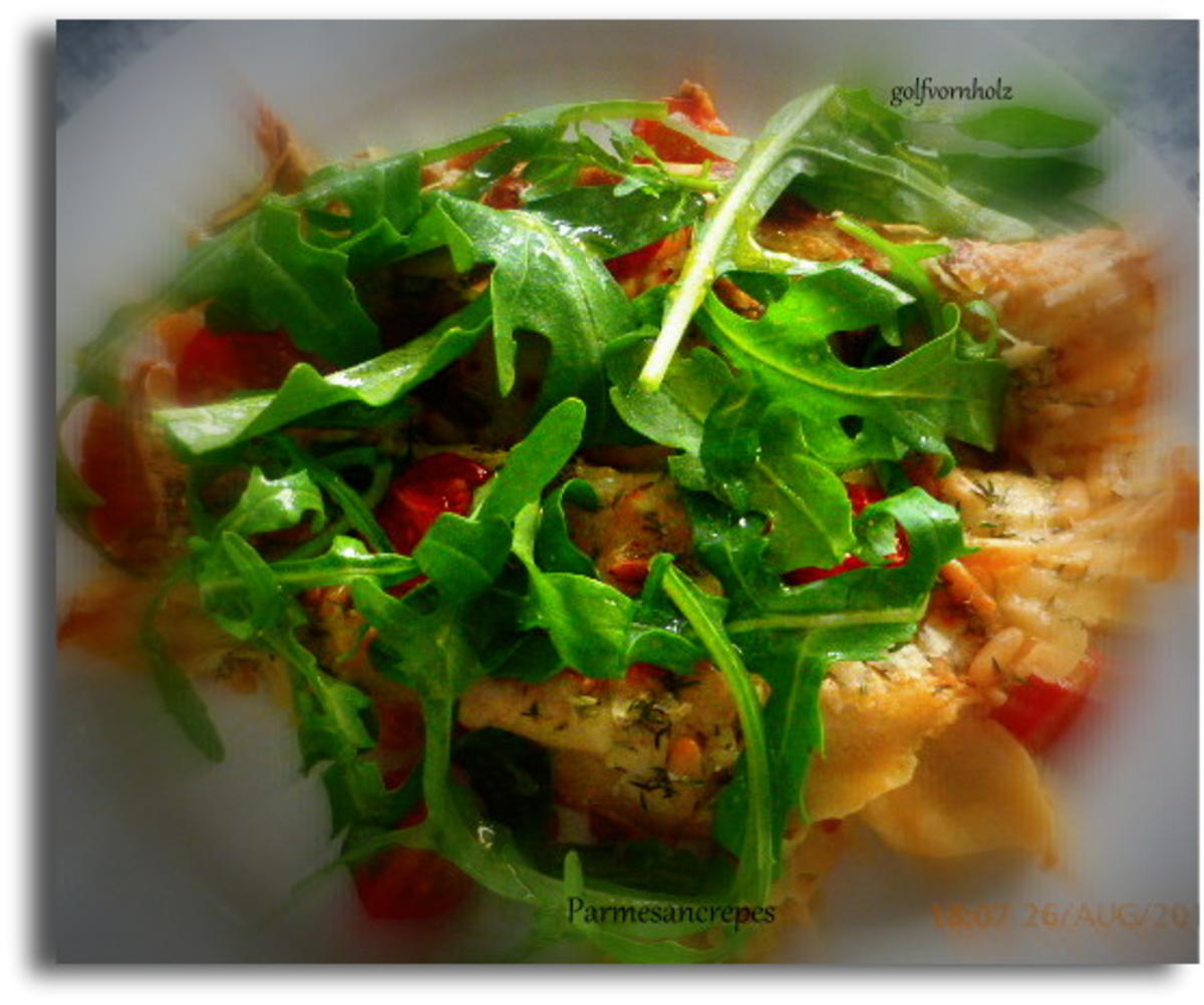 Parmesancrepes mit Mozzarella-Tomatenfüllung und Rucola - Rezept - Bild Nr. 563